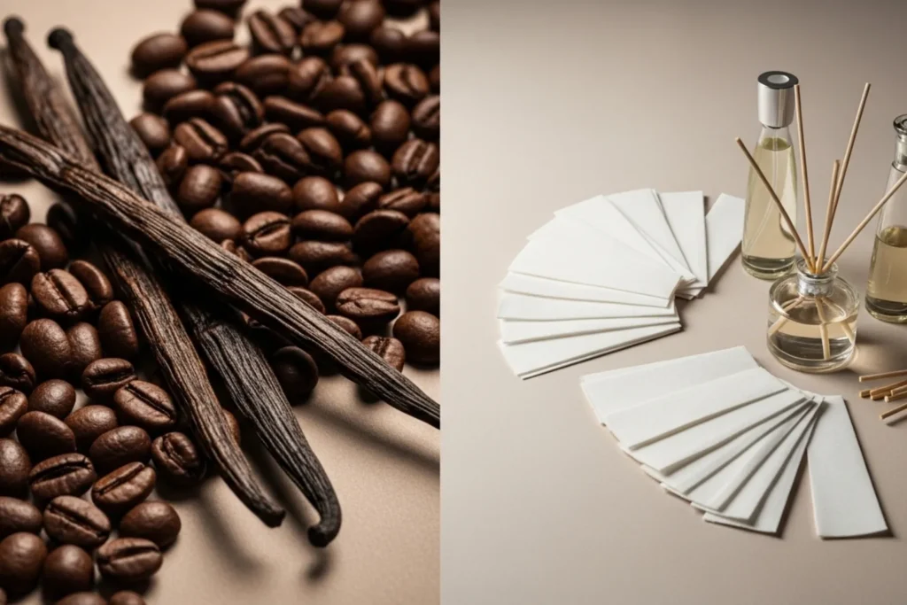 Comparação visual entre aroma (alimentos) e fragrância (perfumaria).