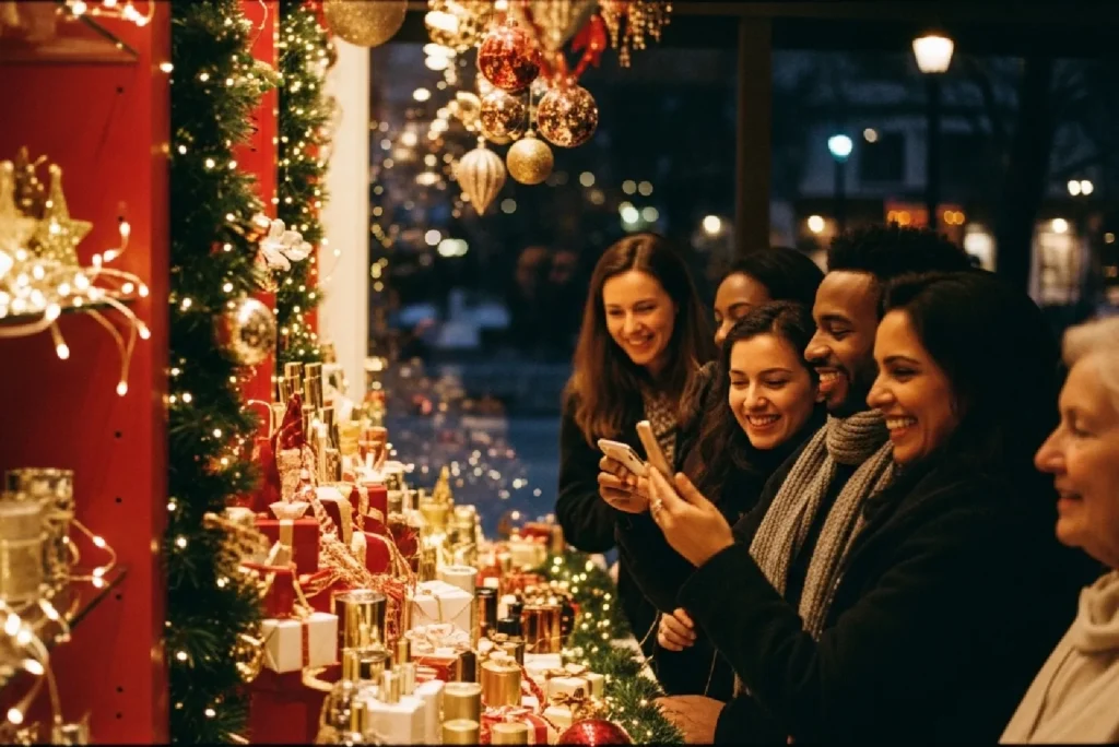 Consumidores em loja decorada para o Natal com clima festivo e acolhedor.