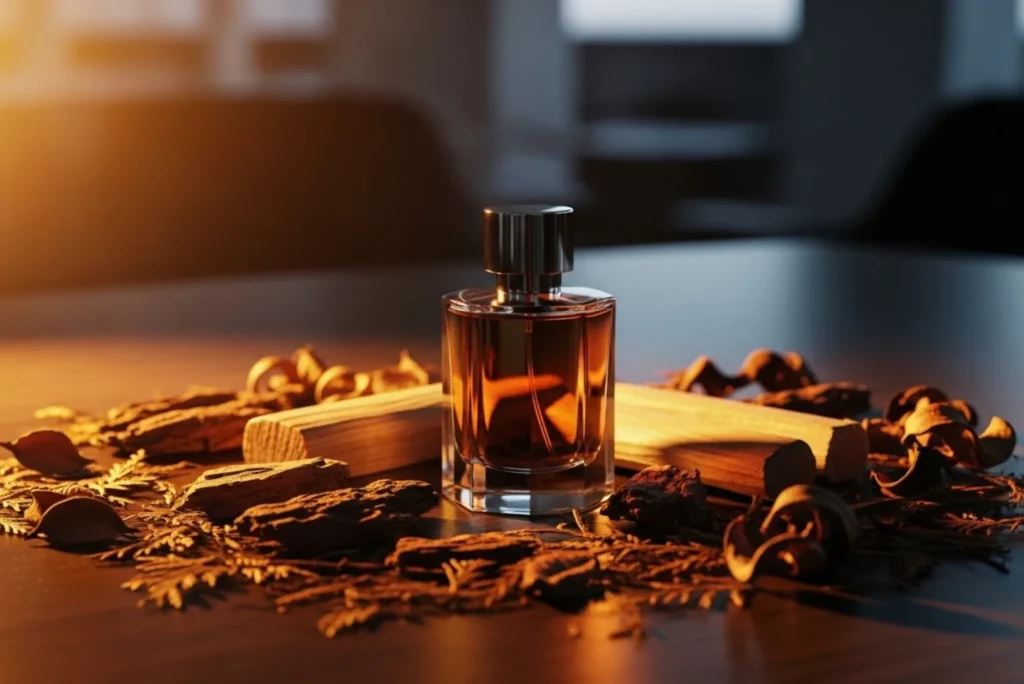frasco de perfume amadeirado com fundo de madeira e luz âmbar suave.