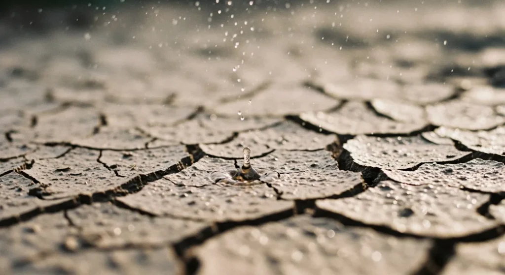 Cheiro de chuva em detalhe com gotas caindo sobre o solo seco, representando o momento em que o petrichor é liberado.