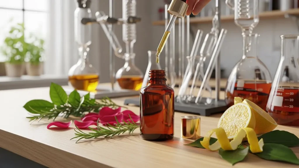 Ilustração do processo de extração de matérias primas para a perfumaria, como cítricos e alecrim.