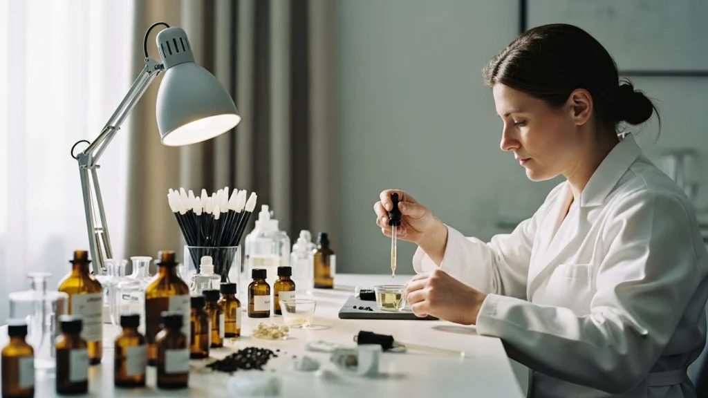 Perfumista profissional desenvolvendo fragrância assinada para ambientes em laboratório de criação olfativa