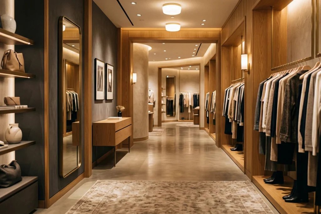 Interior de loja de varejo sofisticada com ambiente cuidadosamente planejado para a experiência do cliente.