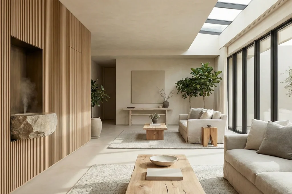 Identidade olfativa aplicada em lobby contemporâneo com atmosfera sofisticada.