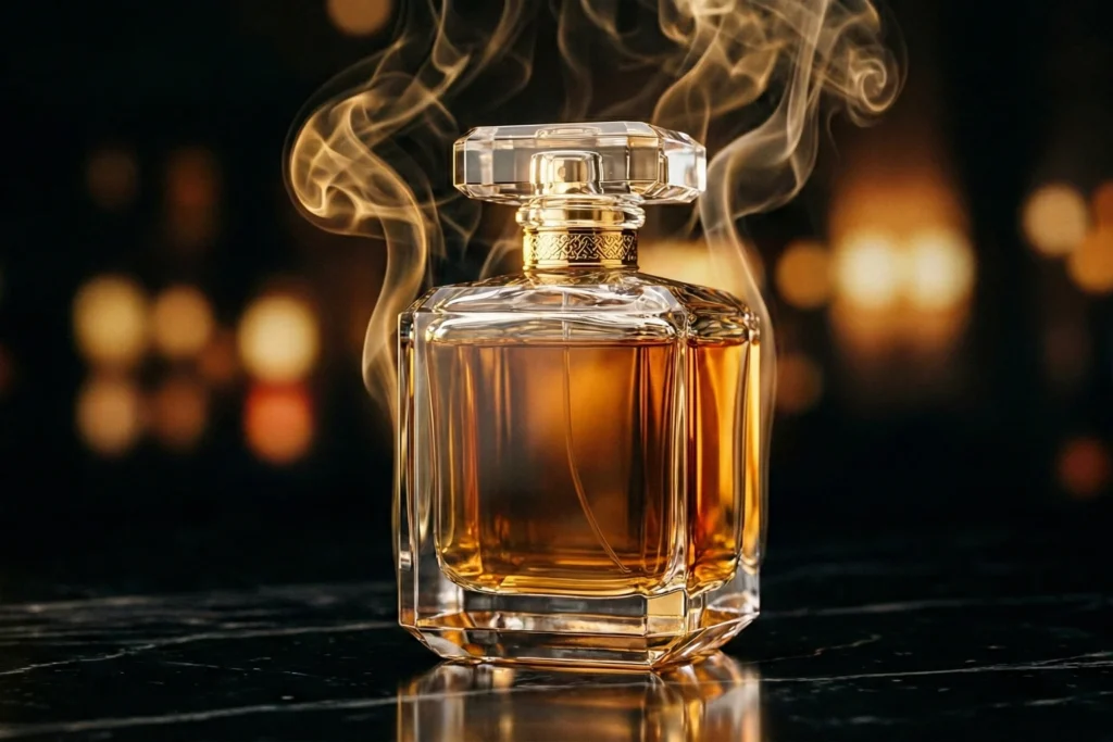 Frasco de perfume sofisticado com vapor etéreo representando intensidade e projeção olfativa.