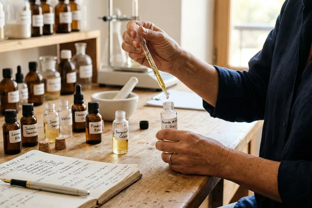 Perfumista analisando notas olfativas de fragrância para aromatização profissional de ambientes