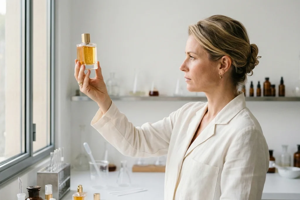 Perfumista analisando frasco de fragrância em laboratório, representando a estrutura da pirâmide olfativa