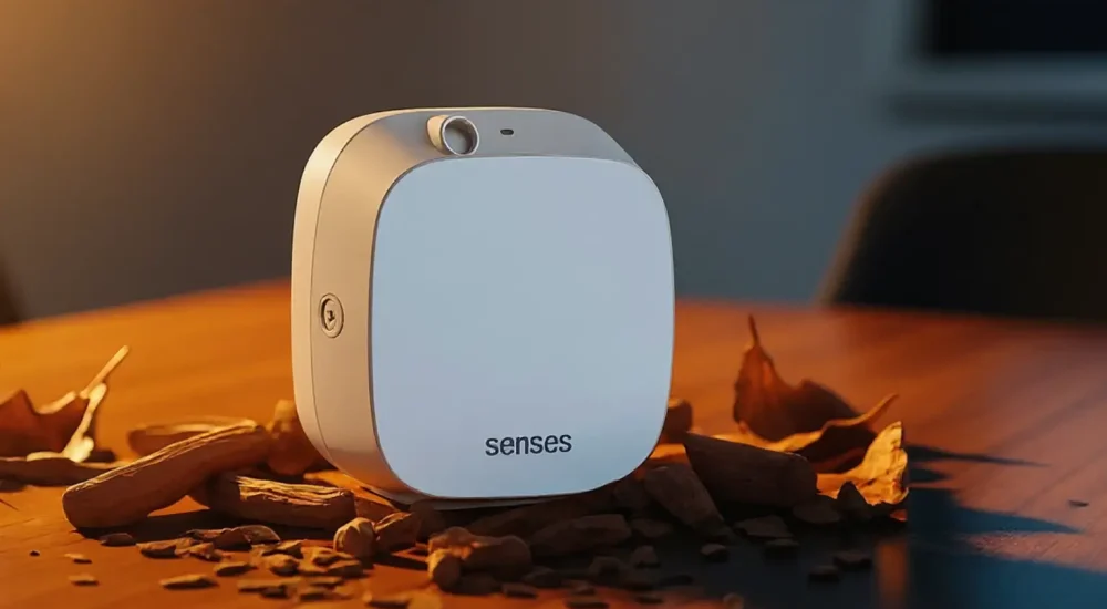 aromatizador senses, pedaços de sândalo sobre a mesa, em ambiente corporativo iluminado por luz âmbar.