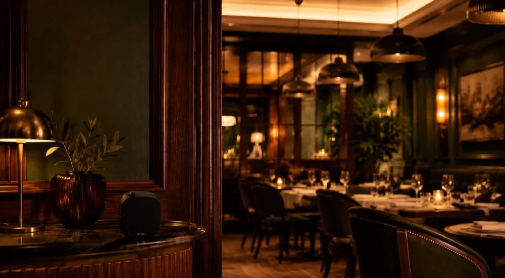 Salão de restaurante sofisticado com iluminação quente e atmosfera cuidadosamente desenhada para a experiência gastronômica