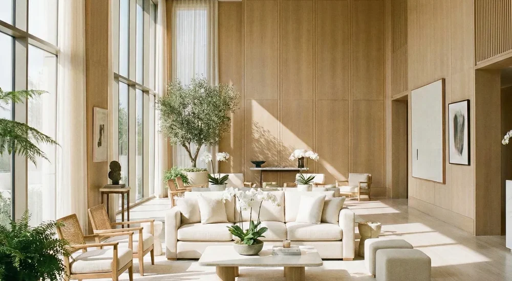 Lobby sofisticado com atmosfera limpa e confortável associada ao cheiro de chá branco.