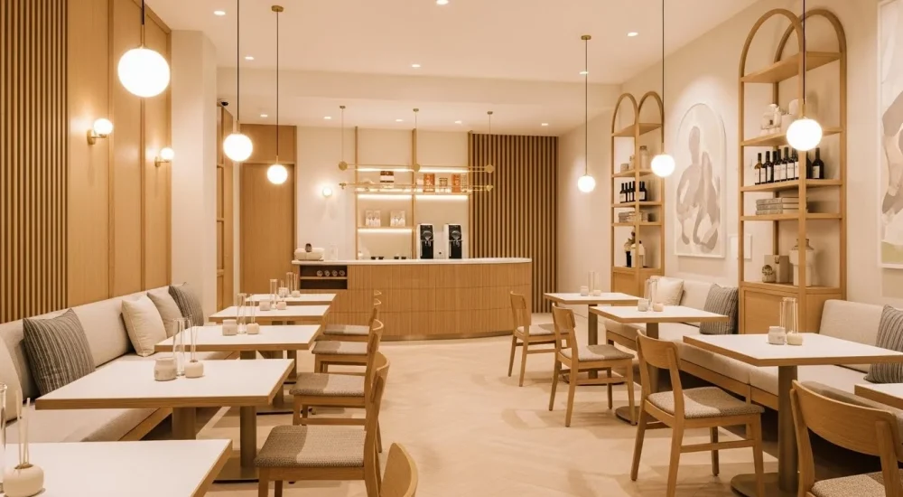 Ambiente comercial sofisticado e acolhedor representando o impacto do cheiro de fava tonka na experiência do cliente