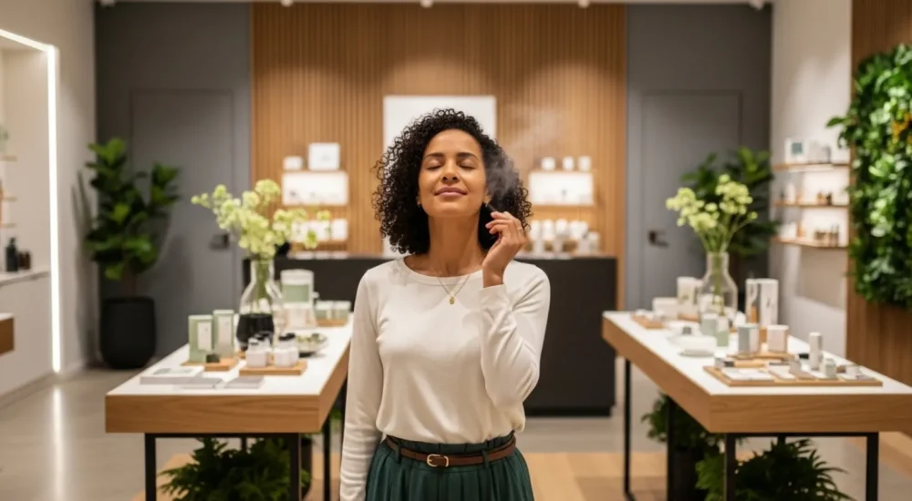 Cliente sente o cheiro ambiente em loja moderna, representando o poder do olfato no marketing.