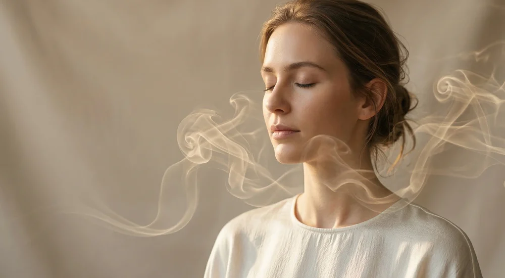 Mulher com expressão introspectiva evocando memória olfativa, representando a neurociência das fragrâncias