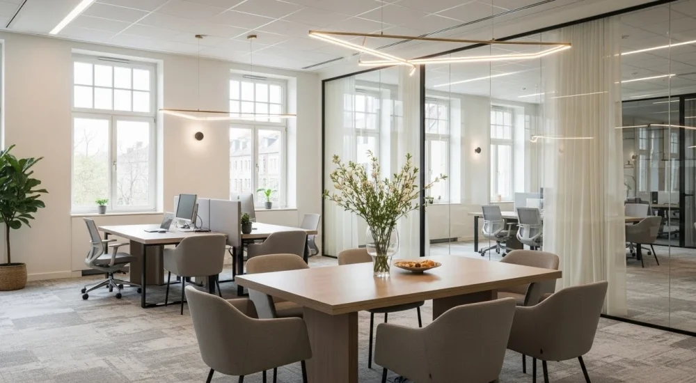 Ambiente corporativo moderno que transmite conforto, profissionalismo e experiência sensorial alinhada à marca