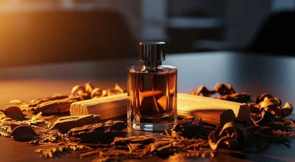 frasco de perfume amadeirado com fundo de madeira e luz âmbar suave.