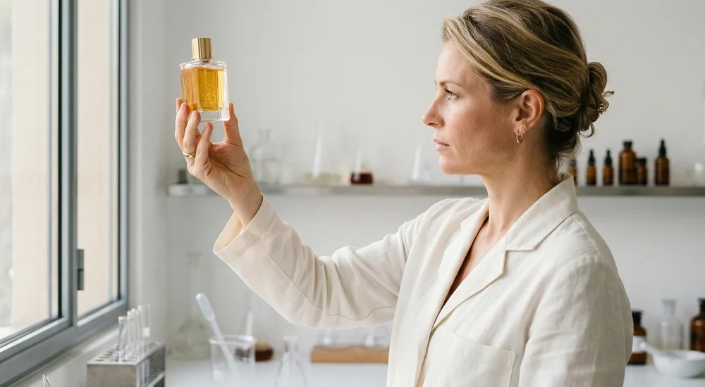 Perfumista analisando frasco de fragrância em laboratório, representando a estrutura da pirâmide olfativa