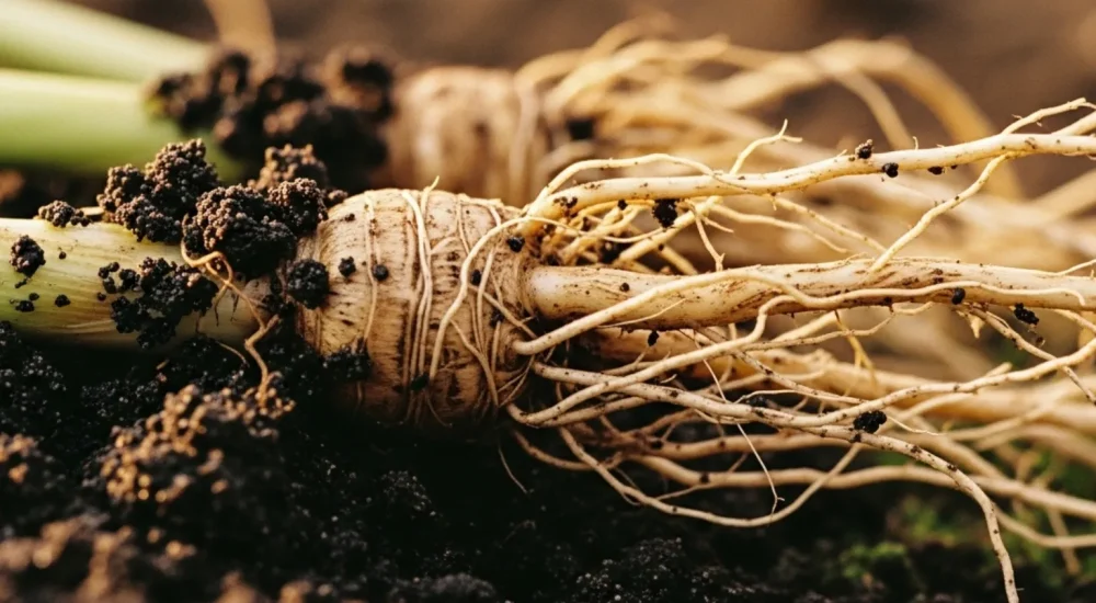 Raízes de vetiver frescas em solo úmido, simbolizando o cheiro terroso e sofisticado dessa fragrância natural.